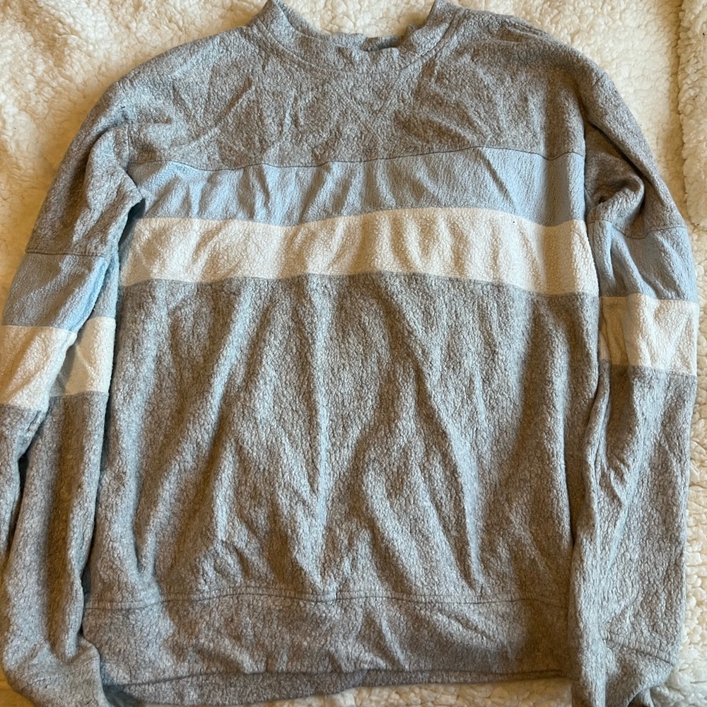 xs garage sweater - grey with blue and white stripes. fuzzy and soft